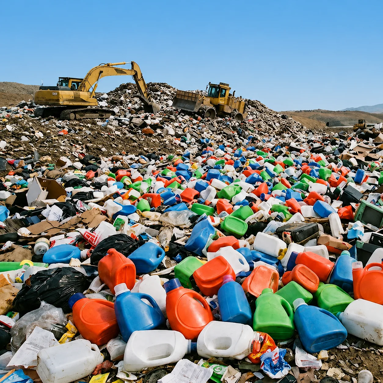 A landfill piled with colorful plastic detergent jugs